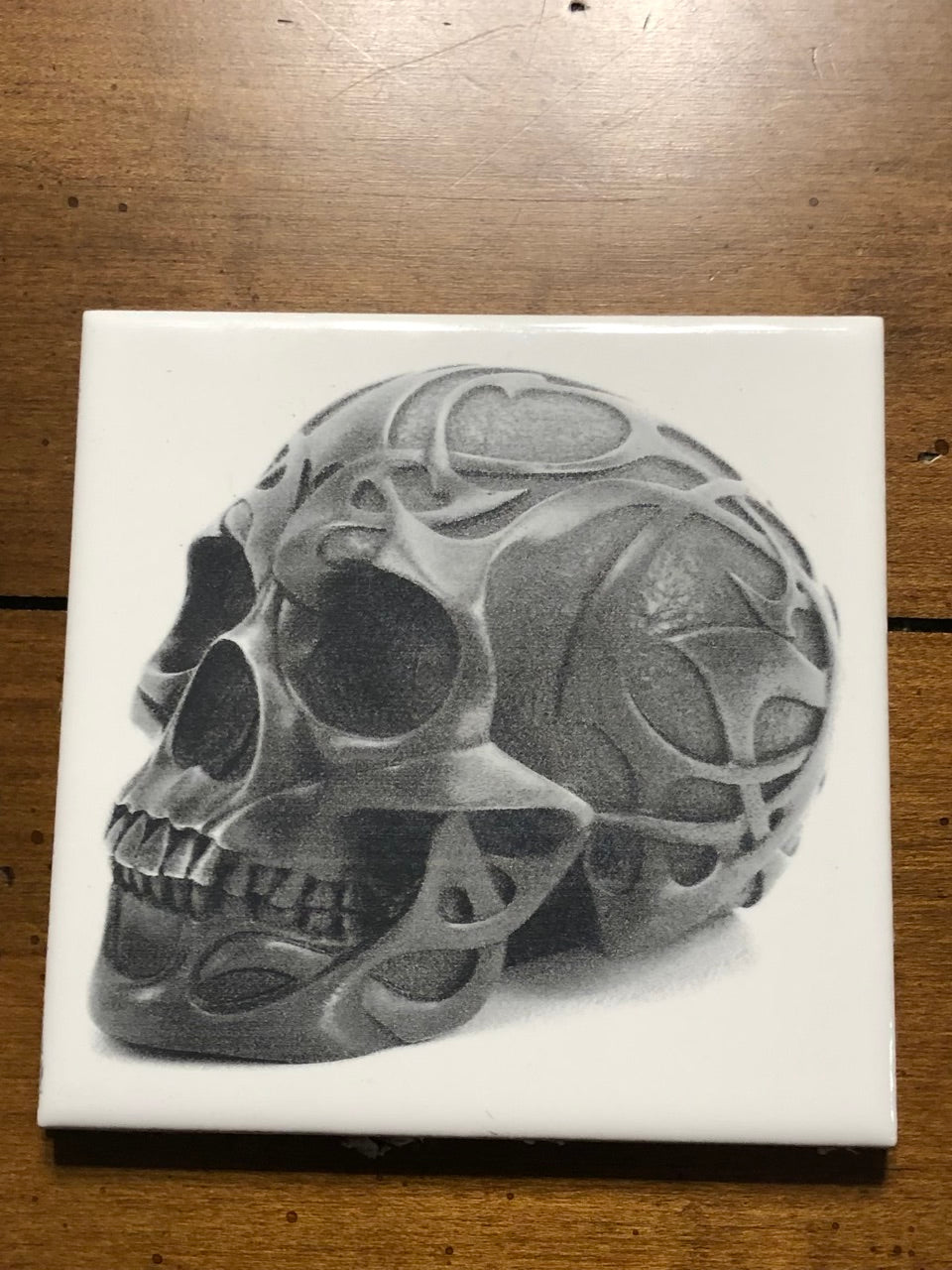 'Skull'  on a Four Inch White Ceramic Tile