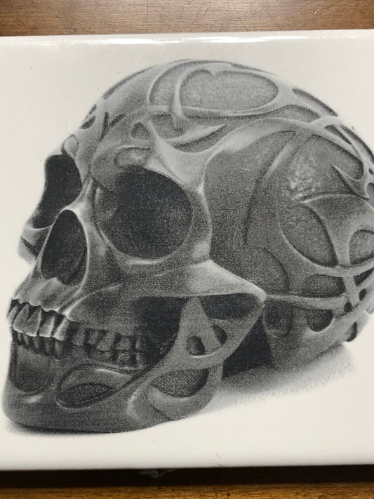 'Skull'  on a Four Inch White Ceramic Tile