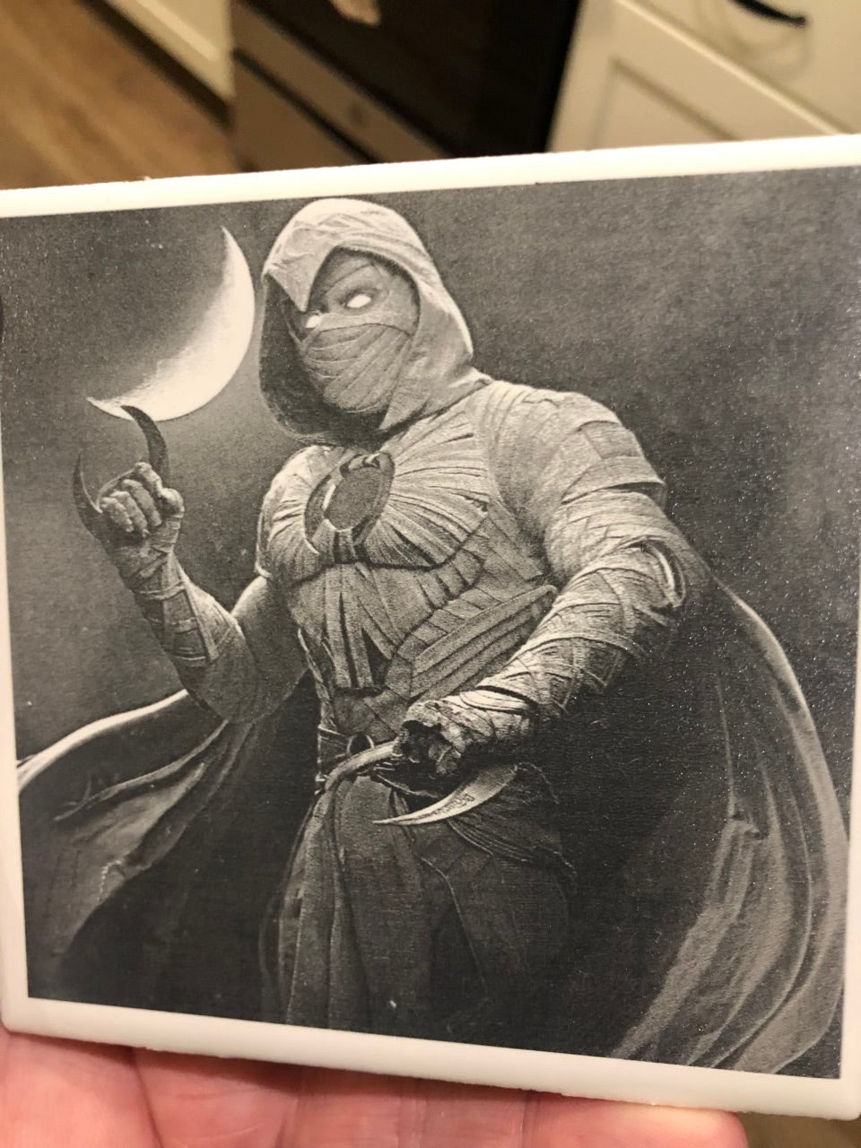 'Moon Knight' on a Four Inch White Ceramic Tile