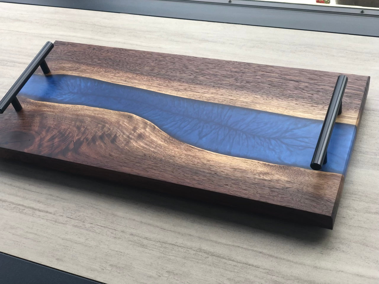 Blue River Epoxy Resin and Walnut Serving Board with Handles