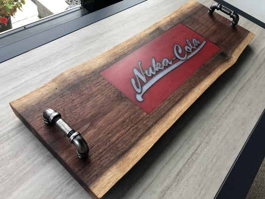 Nuka Cola Epoxy Resin Inlay and Live Edge Walnut Serving Board with Handles