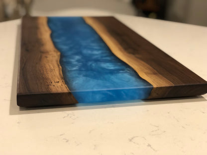 Blue Ice and Walnut Epoxy River Serving Board XL Size